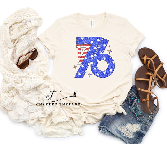 1776 Faux Glitter Short Sleeve Graphic T-Shirt