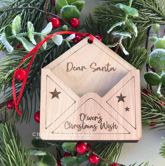 Personalized "Dear Santa" Christmas Wish Ornament - Customizable Wooden Envelope Ornament